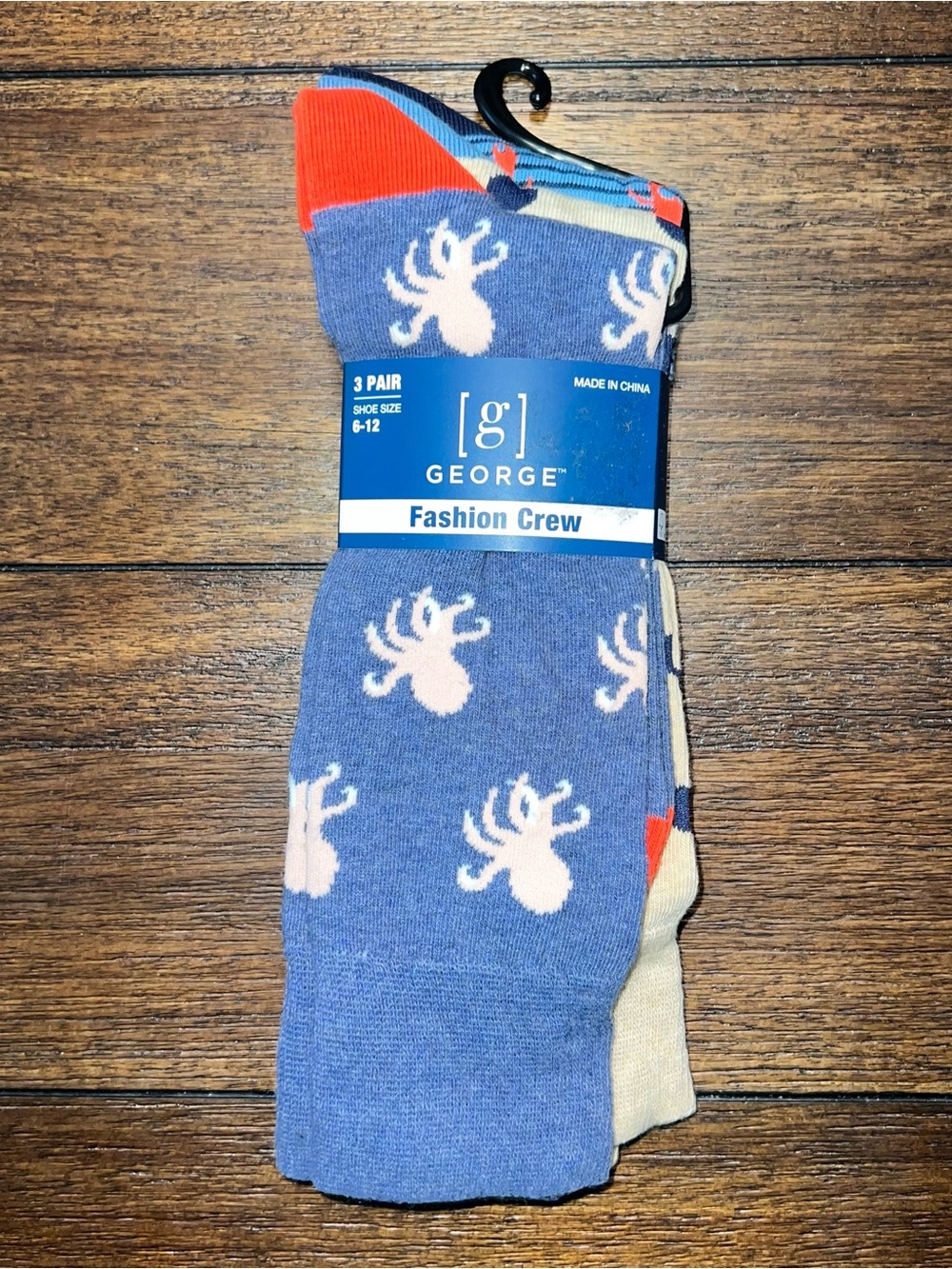George Men's Blue Crew Socks with Octopus/Crab Pattern - 3 Pack